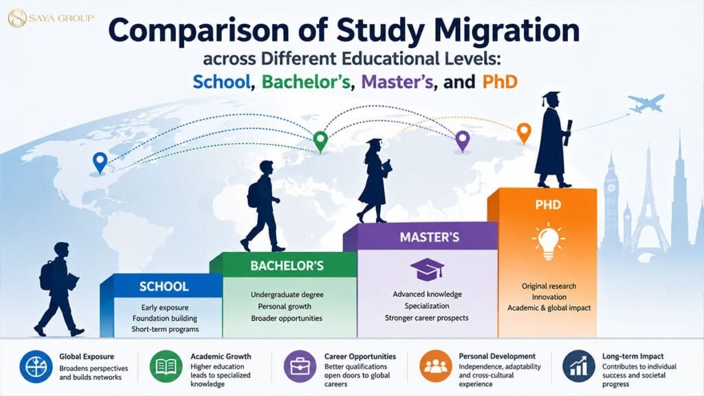 Comparison of study migration opportunities across school, bachelor's, master's, and PhD levels