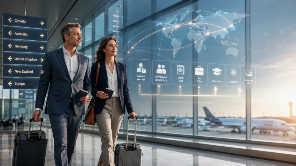 Professional couple over 40 walking through a modern airport, representing Canada's best immigration pathways for skilled workers, permanent residency, and work visas
