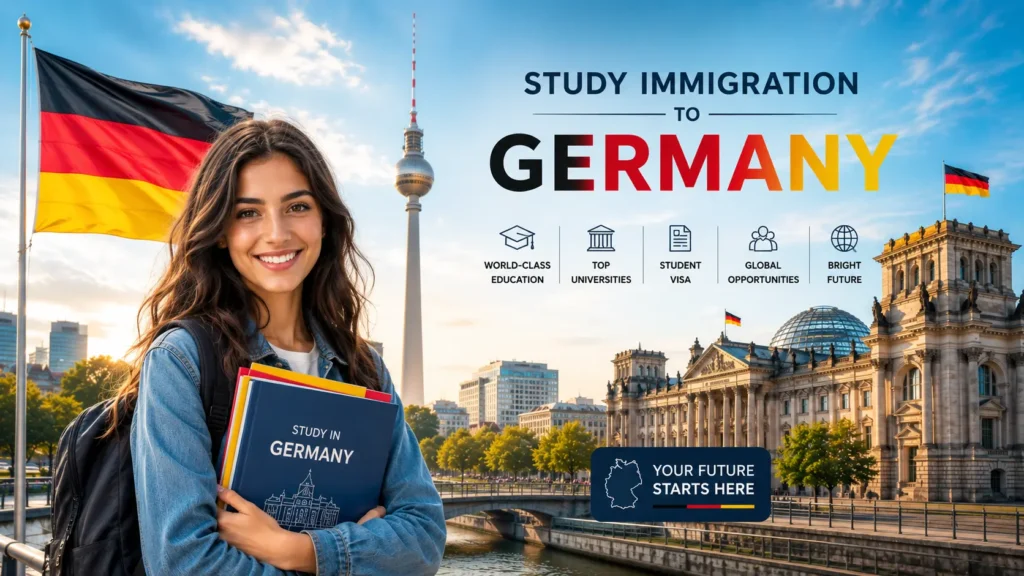 International students arriving in Germany for study immigration with modern university campus and iconic German landmarks