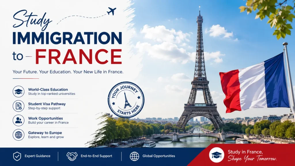 representing study immigration opportunities, student visa, and higher education in France