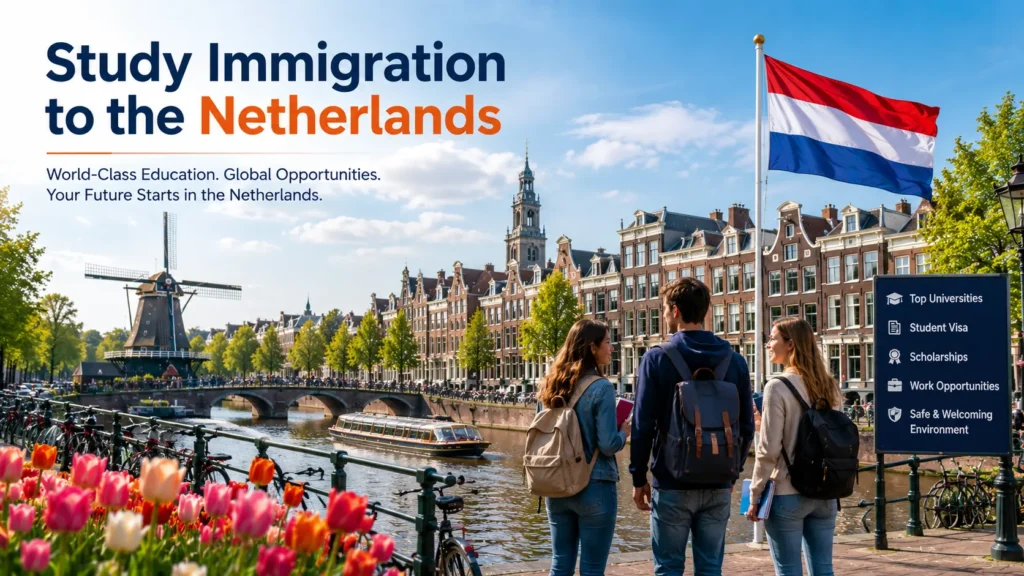 Students walking through a modern Dutch university campus with Amsterdam canals and traditional windmills, representing study immigration opportunities in the Netherlands