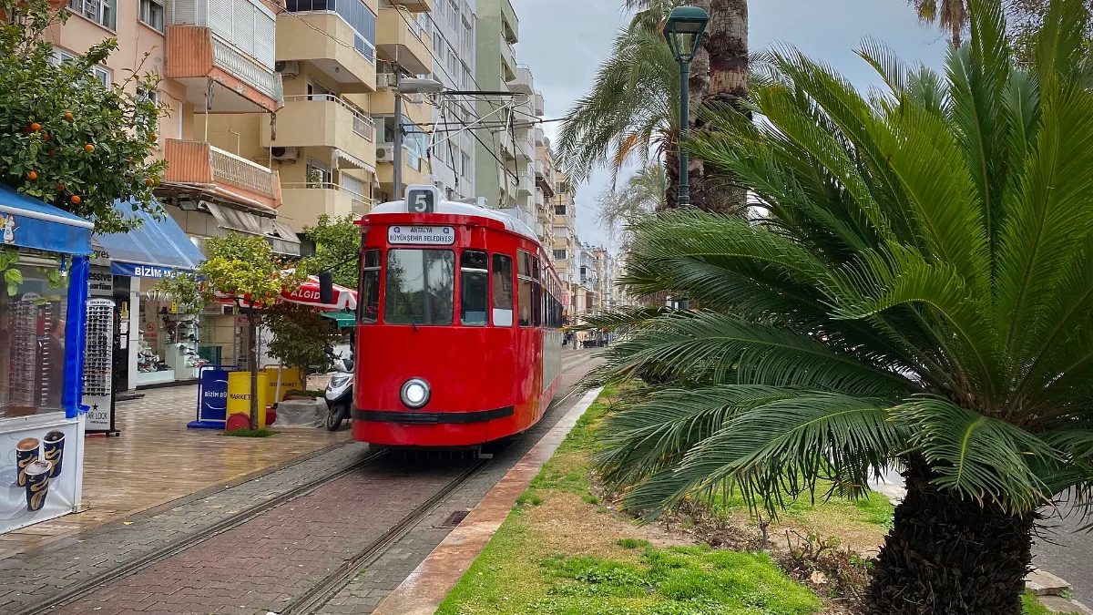 Nostalgic tram in central Antalya, part of daily life for students studying in Antalya